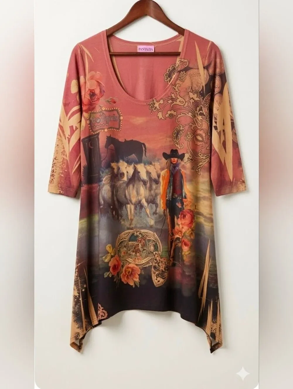 Fantazia Western Cowgirl Rose Horses Graphic Tunic Top  L Boho Rodeo Core